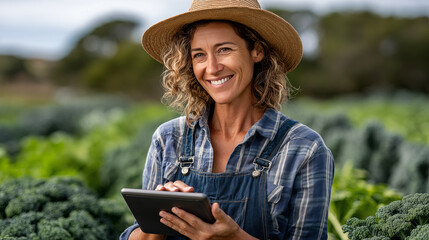 Portrait of smiling female farmer using digital tablet while standing in field