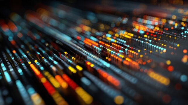 Abstract digital background with colorful light trails. The scene features vibrant orange, blue, and yellow streaks representing data flow and technology.