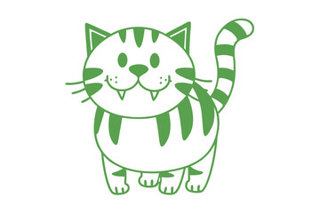 Outlined green cartoon cat playfully shows its fangs on a white background