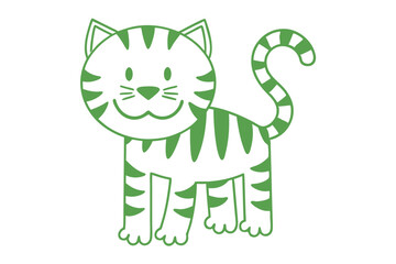 Whimsical feline features a smiling cartoon cat with stripes, rendered entirely in green line art