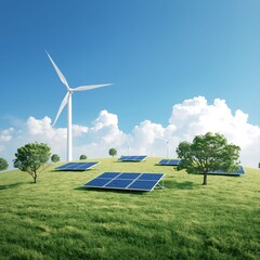 wind turbine and solar panels on green field