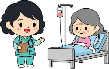 Chibi Vector Ilustration Nurse Attends to Elderly Patient in Hospital Bed.