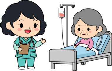Chibi Vector Ilustration Nurse Attends to Elderly Patient in Hospital Bed.