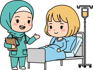 Chibi Vector Ilustration Hijabi Nurse Attends to Patient in Hospital Bed.