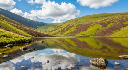Serene Mountain Lake Reflects Cloudy Sky and Green Hills