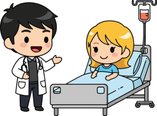 Chibi Vector Ilustration Doctor and Patient in Hospital Bed.