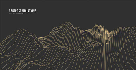 Contour mountain landscape. Waved line art. Abstract minimal topographic map. Contour lines with elevations and terrain depth. Vector illustration.