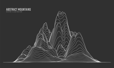 Contour mountain landscape. Waved line art. Abstract minimal topographic map. Contour lines with elevations and terrain depth. Vector illustration.