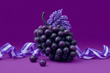 Fresh dark grapes with water droplets and decorative ribbon on purple background for healthy eating and fruit concepts