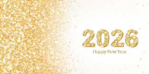 Holiday banner with golden glitter confetti and ribbons. 2026 glitter numbers. Festive decoration isolated on white. Frame, border for New Year cards, headers, party posters. Vector.
