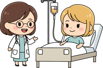 Chibi Vector Ilustration Doctor Consulting Patient in Hospital Bed.