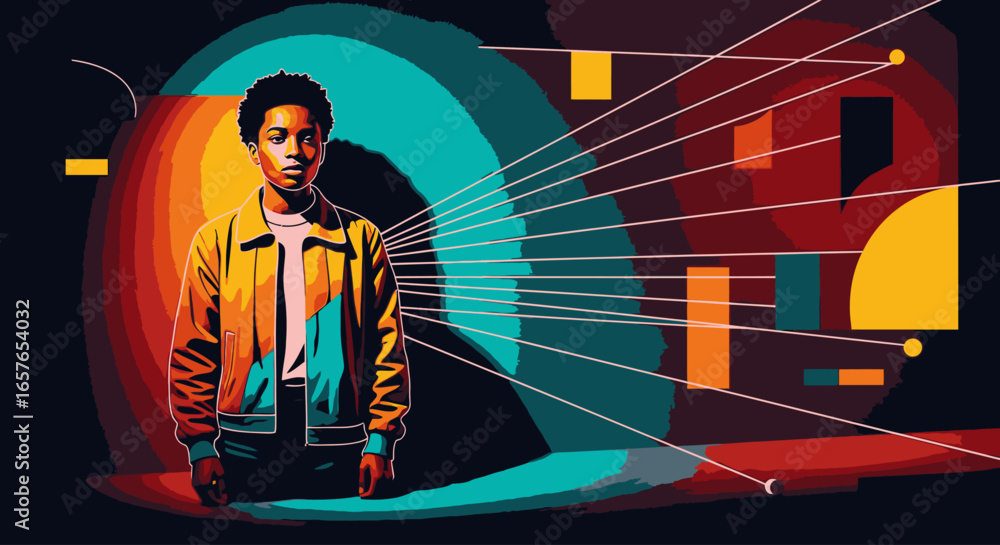 Poster graphic illustration of a young professional standing before an abstract data visualization display.