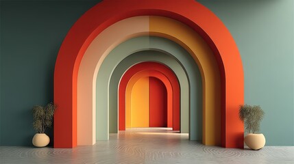 Colorful layered arches with potted plants on a patterned floor in a modern room