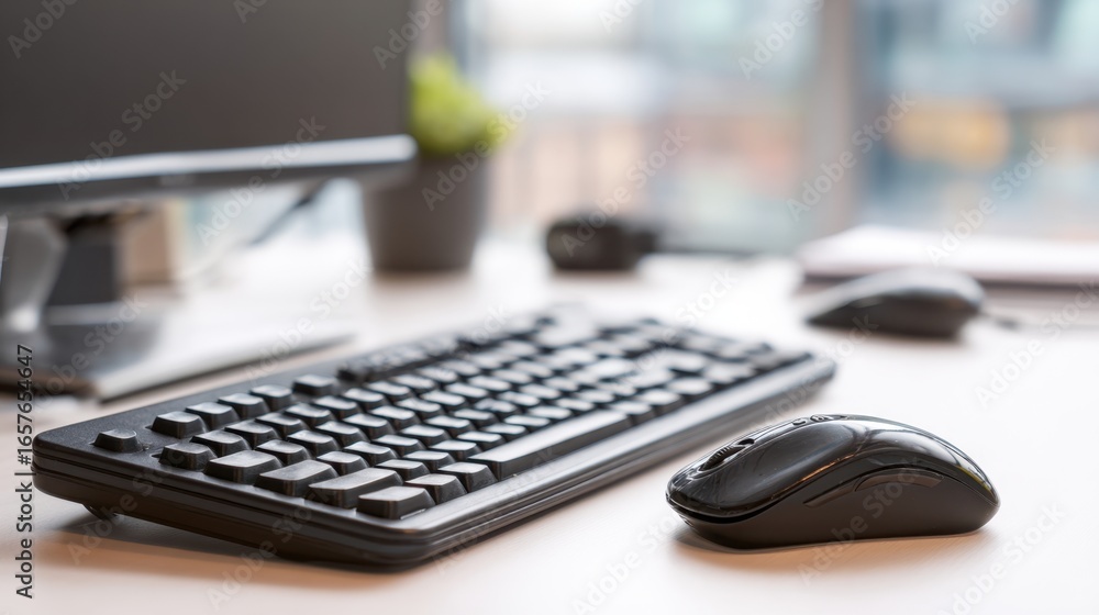 Poster close-up of a modern computer keyboard and mouse on a sleek desk with blurred background, emphasizin