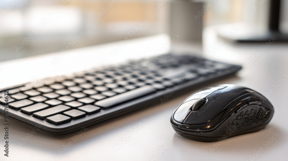 Poster close-up of a modern computer keyboard and mouse on a sleek desk with natural light illuminating the