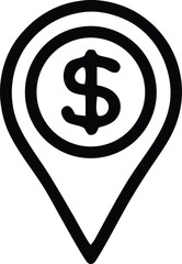 Hand drawn sketch of a location pin marker with a dollar sign inside representing financial destinations or money related places