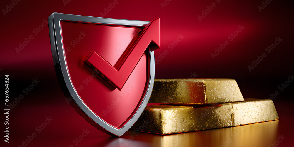 Poster red shield with checkmark symbol and gold bars on a reflective surface