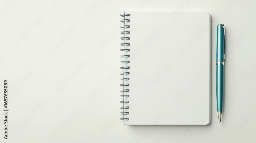 Poster open notebook and teal pen on table in minimalist studio