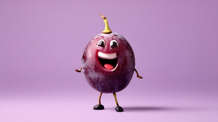 Happy grape character with big smile and arms and legs on purple background for healthy food concept