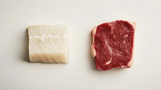 Fresh fish fillet and beef steak on white background