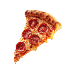 Slice of pepperoni pizza is shown on a white background