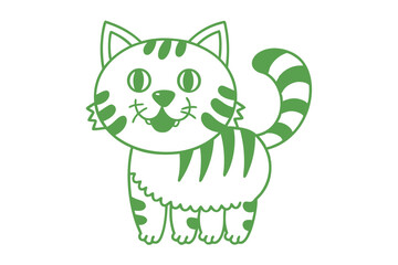 Green striped cartoon cat with a happy smile stands on its fluffy paws