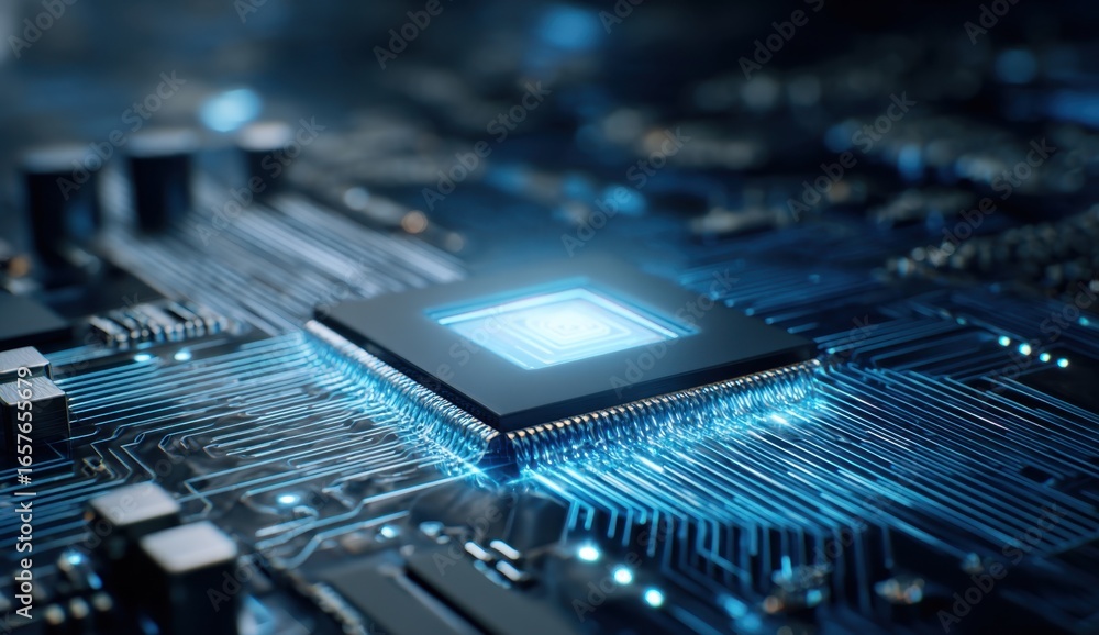 Poster close-up of a modern computer motherboard with integrated circuits, chips, and electronic components