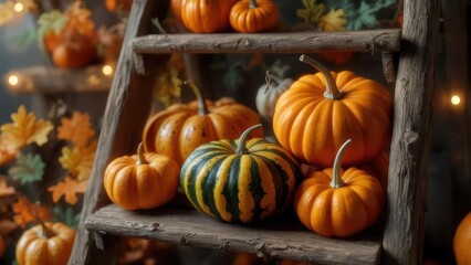 Rustic Autumn Still Life: A Harvest of Pumpkins on a Weathered Wooden Ladder with Glowing Lights