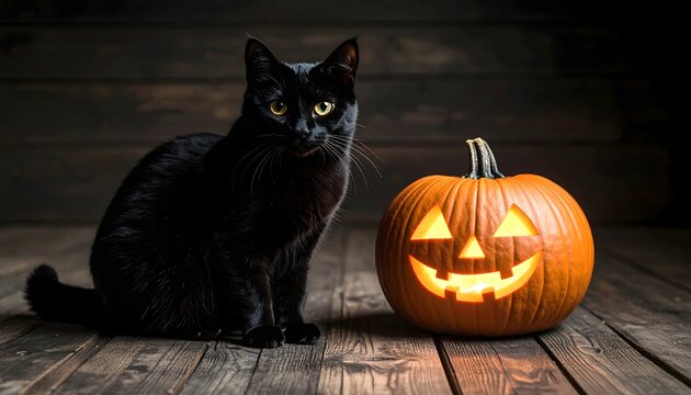Spooky Halloween Black Cat and Jack-o'-lantern