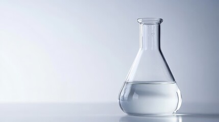 Erlenmeyer flask with clear liquid in laboratory setting