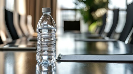 Plastic water bottle on clipboard in business meeting room