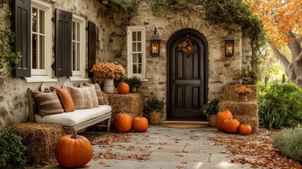 Cozy stone house entrance decorated with pumpkins and outdoor seating.
