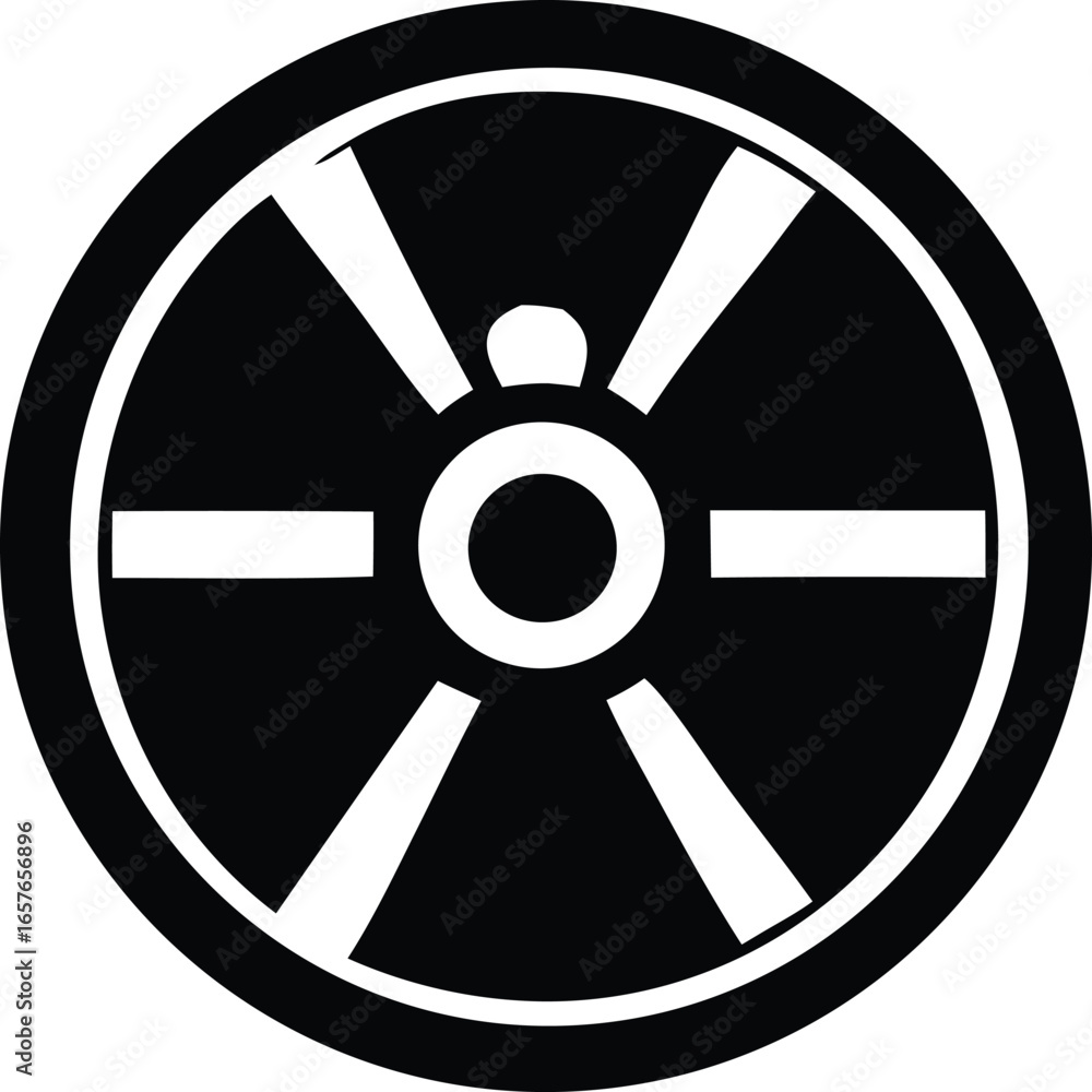 Poster black and white stylized circular emblem featuring a central hub with spokes and horizontal bars wit