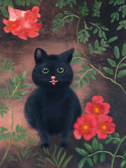hand drawn black cat with flowers