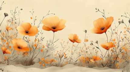 Beautiful Orange Poppies Blooming in a Soft Cream Background