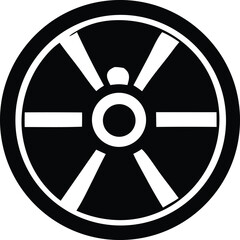 Fototapeta premium Black and white stylized circular emblem featuring a central hub with spokes and horizontal bars within an outer ring