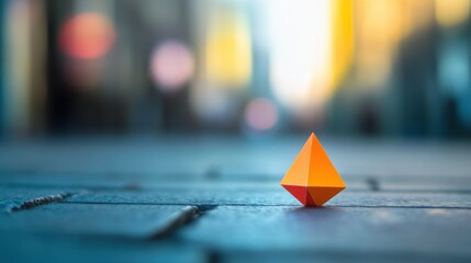 Geometric orange and red object on urban street in daytime