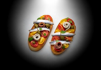 Two pieces of bruschetta or toast with a topping of sardines or anchovies, tomatoes, and capers, garnished with basil leaves