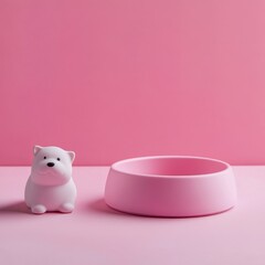 Pink Pet Bowl with Cute Dog Figure on Soft Pink Background
