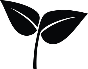 Simple black silhouette of two emerging leaves on a stem symbolizing growth and new beginnings