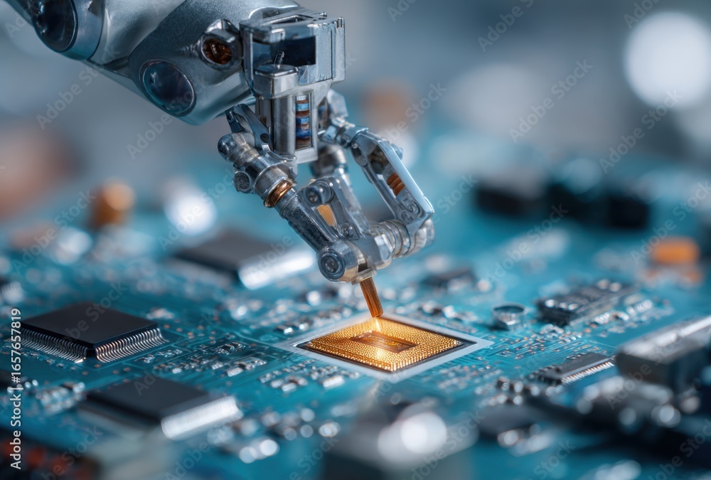Poster close-up of a modern electronic circuit board with a robotic arm soldering a microchip during manufa