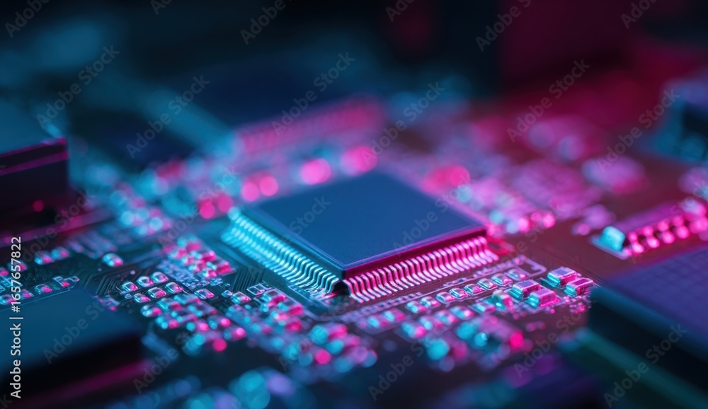 Poster close-up of a modern electronic circuit board with colorful illuminated components and intricate pat