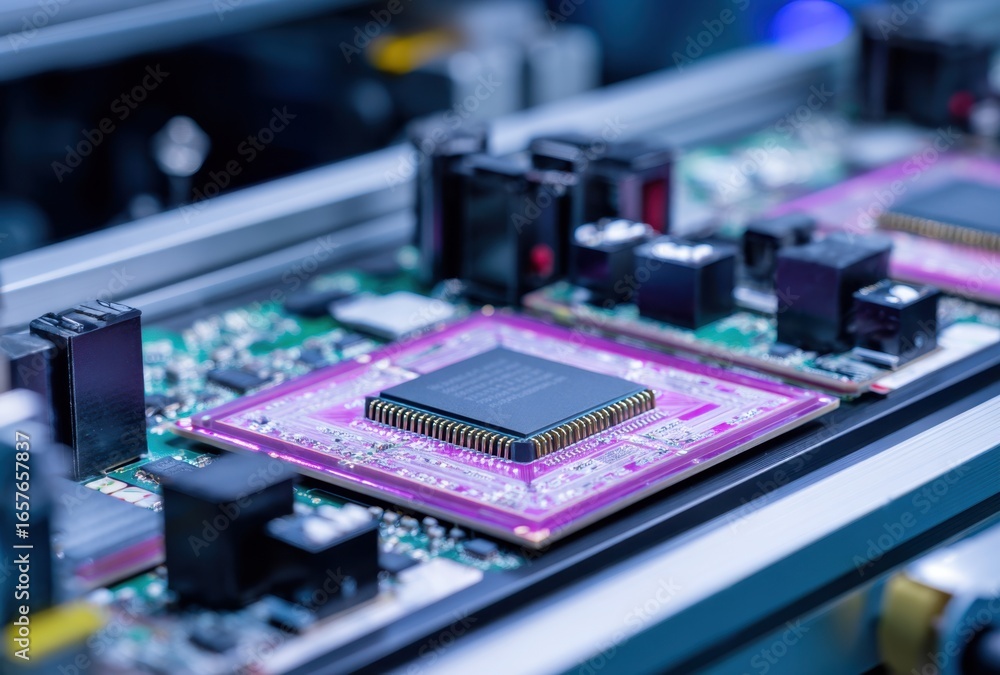 Poster close-up of a modern electronic circuit board with various components and colorful wiring