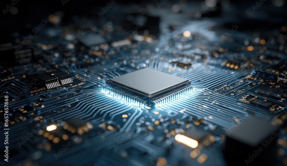 Poster close-up of a modern electronic circuit board with glowing blue led lights and intricate components 