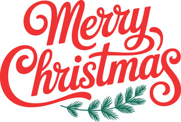Red Merry Christmas Lettering with Green Sprigs on a White Background Holiday Art