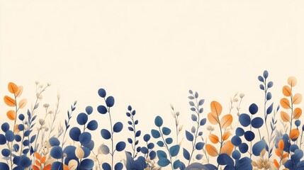 Elegant Botanical Background with Blue and Orange Leaves and Stems