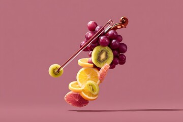 Fruit violin concept with grapes kiwi orange and grapefruit slices on pink background for healthy eating and musical creativity
