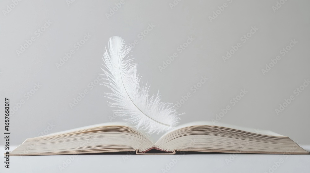 Poster feather resting on an open book in serene indoor setting