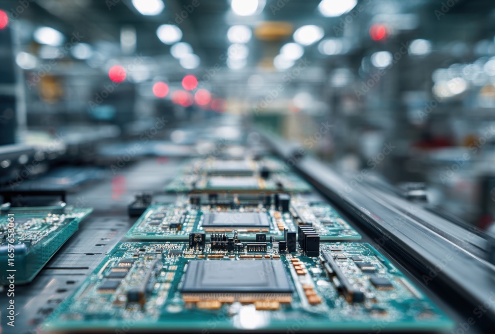 Poster close-up of a modern electronic circuit board with various components and intricate pathways in a hi