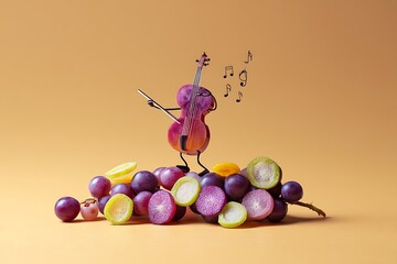 Whimsical grape orchestra a fruity musical performance with a violin player and musical notes in a still life composition